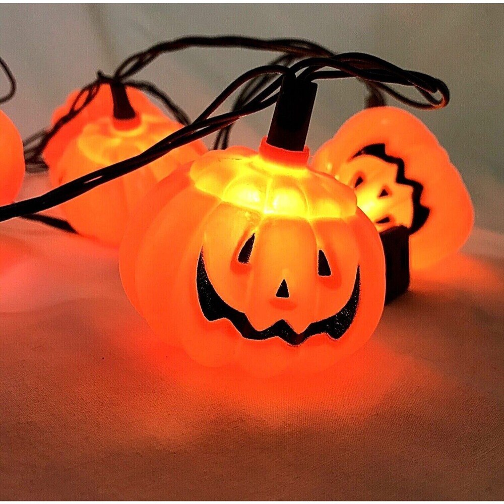 Vintage Blow Mold String Lights Pumpkin Head Jack O Lantern Y2K Halloween Decor